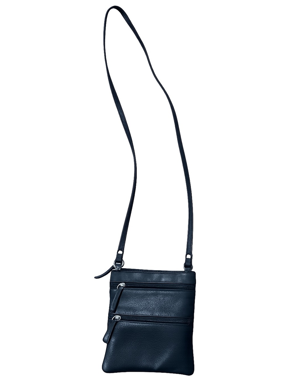 Black Leather Crossbody Organizer Purse Multi Zip Pocket Shoulder Bag Adj Strap